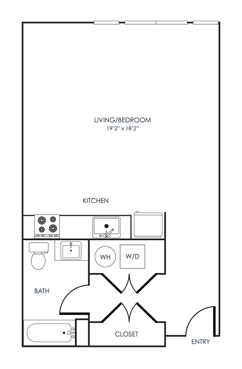 Floor plan for studio, 1 bath, 643 sqft